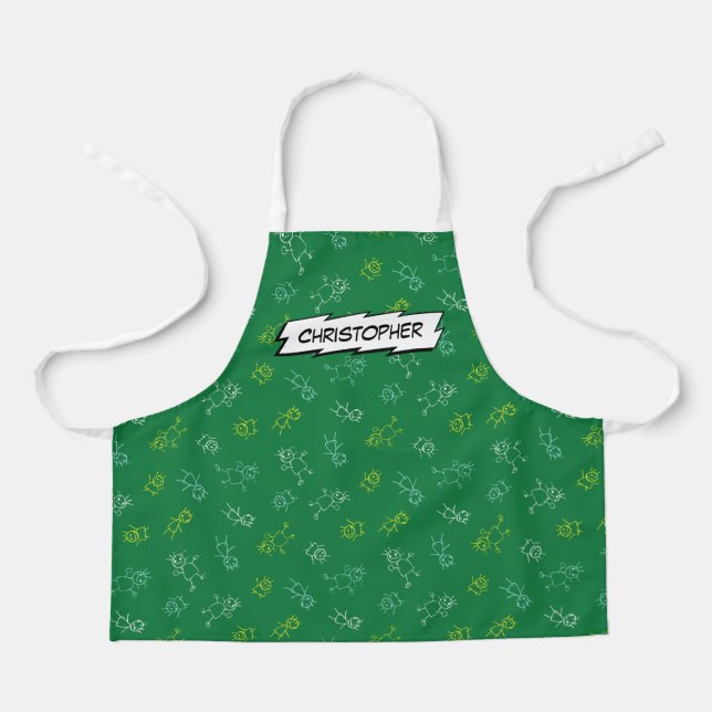 Tablier Jouer mignon enfants motif vert nom personnalisé (Recto)
