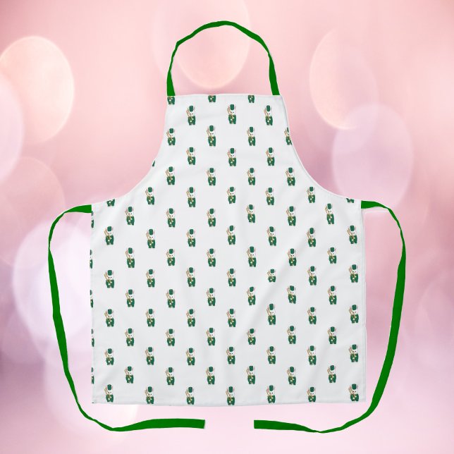 Tablier Joueur de trombone lapin mignon vert et or (An apron with a pattern of trombone holding bunny rabbits dressed in green and gold.)