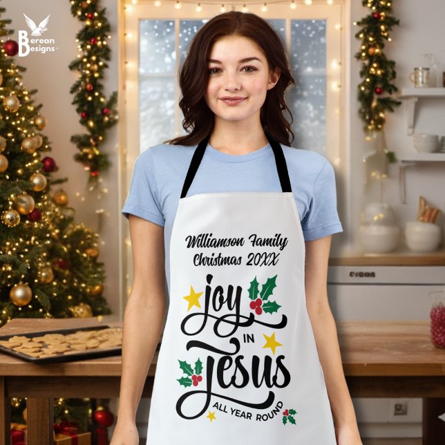 Tablier Joy in Jesus Christian Christmas Family Name  (White personalized JOY IN JESUS matching family apron with typography and customizable name)