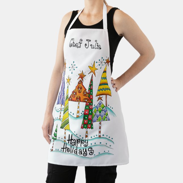 Tablier Joyeuses Fêtes ! Jolis Arbres de Noël avec Étoiles (Insitu)