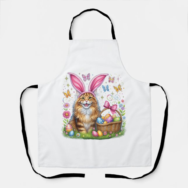 Tablier Joyeuses Pâques Mignon Lapin Maine Coon Chat Œufs  (Recto)