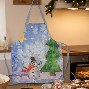 Tablier Joyeux Arbre de Noël et Bonhomme de Neige en Aquar