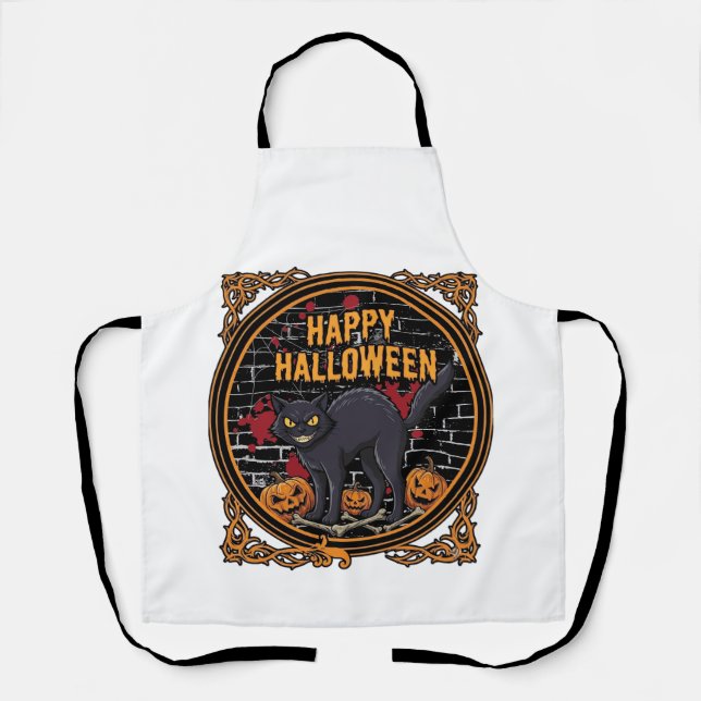 Tablier Joyeux Halloween Chat Noir Citrouilles Os_1 (Recto)
