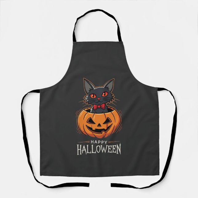 Tablier Joyeux Halloween Chat Noir Design de Citrouille_1 (Recto)