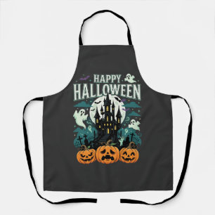 Tablier Joyeux Halloween Château Hanté Fantômes et Citroui