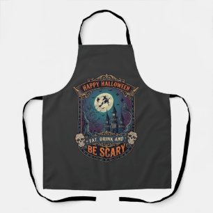 Tablier Joyeux Halloween Sorcière Château Crânes Gras Boir
