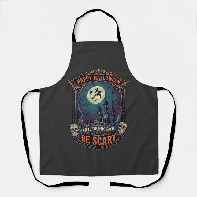 Tablier Joyeux Halloween Sorcière Château Crânes Gras Boir (Recto)