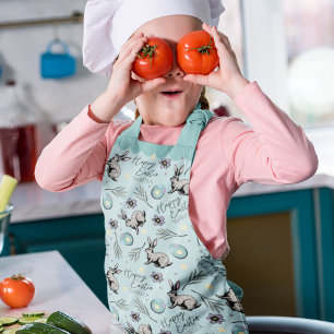 Tablier Joyeux lapin et oeufs de Pâques Turquoise