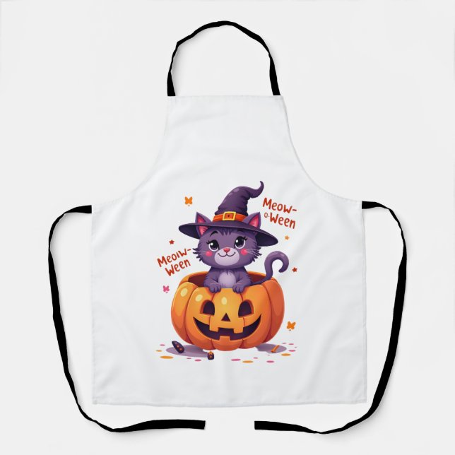Tablier Joyeux Meow-a-ween - Chouette Chat Sorcière Citrou (Recto)