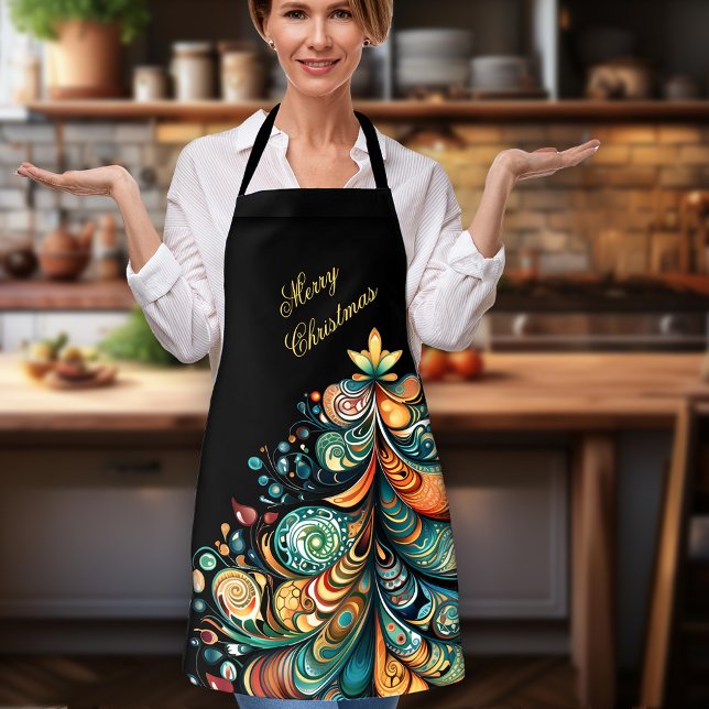 Tablier Joyeux Noël Arbre Moderne Boho Chic (Merry Christmas Tree Modern Boho Chic Apron with Personalized greeting)