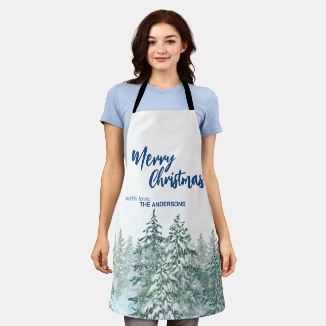 Tablier Joyeux Noël arbres forêt Aquarelle script (Porté)