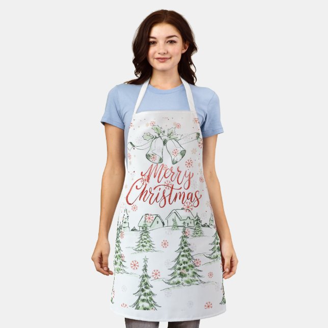 Tablier Joyeux Noël Arbres rouges et verts neige (Porté)