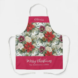 Tablier Joyeux Noël Floral Élégant Nom Personnalisé Rouge