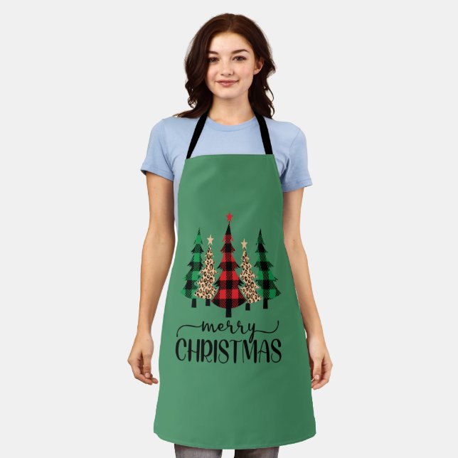 Tablier Joyeux Noël Rouge Vert Buffle Noir Arbre Plaid (Porté)