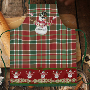 Tablier Joyeux Noël Snowman aquarelle plaid w Holly