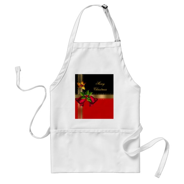 Tablier Joyeux Noël Vacances Rouge Cloches Noir Or (Devant)