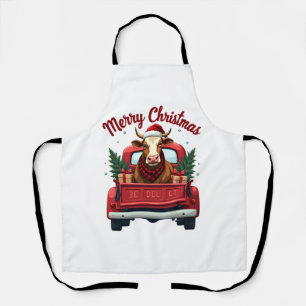 Tablier Joyeux Noël Vintage Vache Highland Camion Rouge Ho