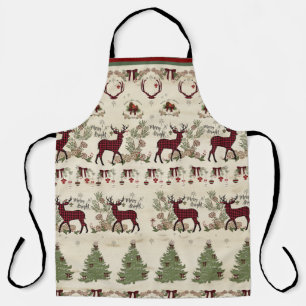 Tablier Joyeux pin de Noël brun Cerf Bois rustique