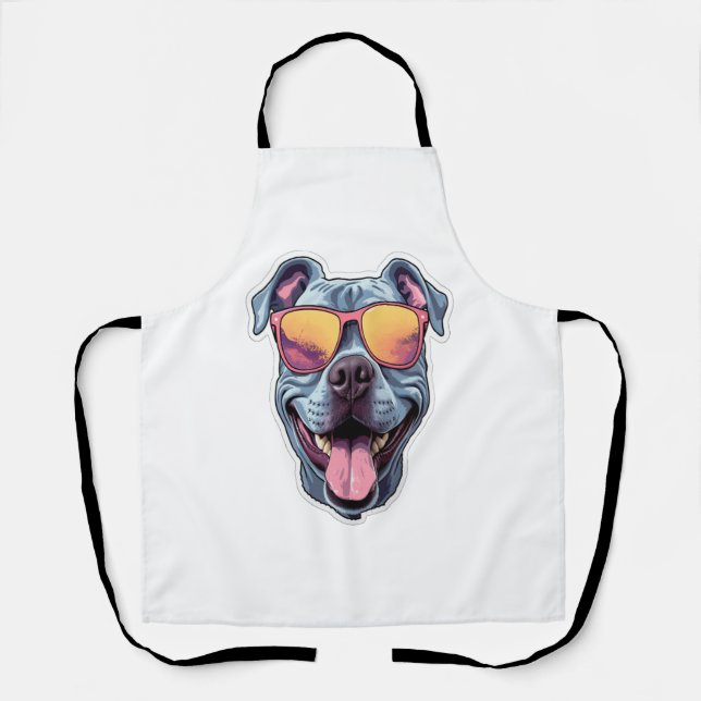 Tablier Joyeux Pitbull bleu portant des lunettes de soleil (Recto)