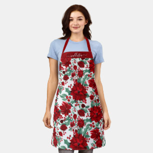 Tablier Joyeux rouge Poinsettia Fleurs Feuilles ivoire Aqu
