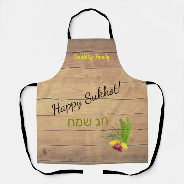 Tablier Joyeux Sukkot Etrog Lulav Rustic Wood Apron (Recto)