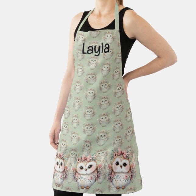 Tablier Kawaii Boho Owl Illustration Vert (Insitu)