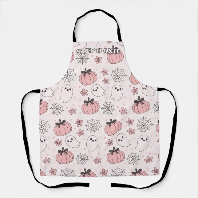 Tablier Kawaii Halloween rose Fantômes et Citrouilles (Recto)