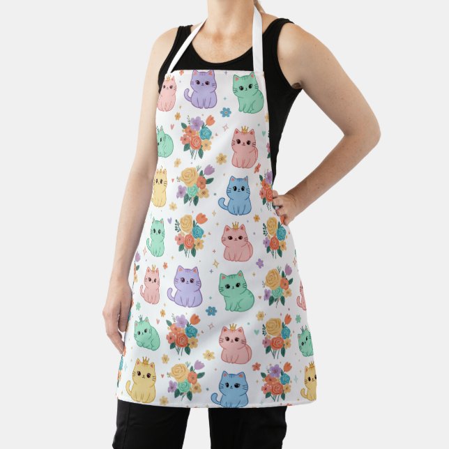 Tablier Kawaii Pastel Cats and Flowers Pattern Apron (Insitu)