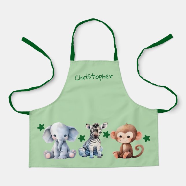 Tablier Kid's add name cute animals stars green (Recto)