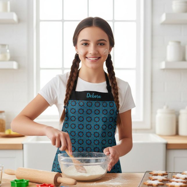 Tablier Kids' Blue Geometric Pattern Custom Name Apron (Créateur téléchargé)