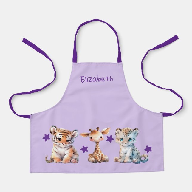 Tablier Kid's cute animals stars add name purple (Recto)