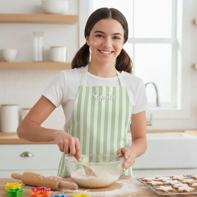 Tablier Kids' Sage Green Stripe Custom Name Apron (Créateur téléchargé)