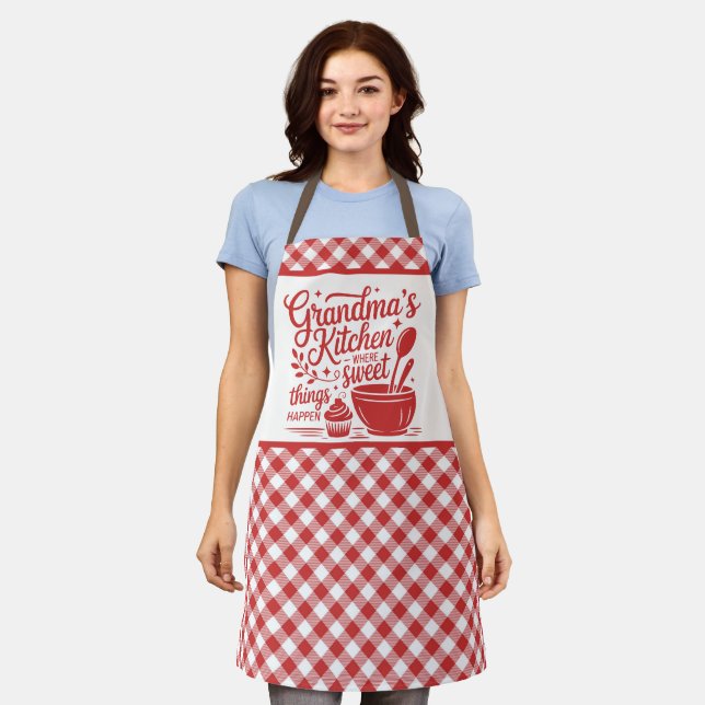 Tablier La cuisine de grand-mère à carreaux rouges et blan (Porté)