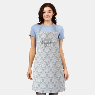 Tablier Lacy Grey et blanc Damas avec nom et monogramme