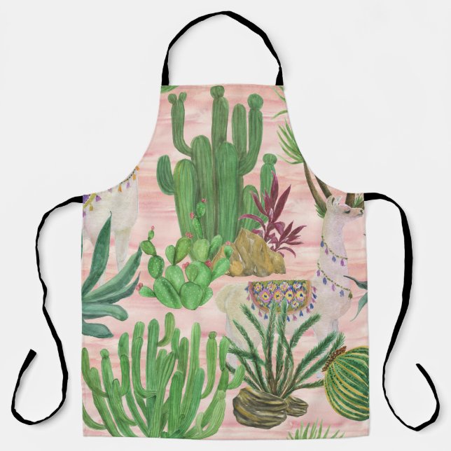 Tablier Lamas aquarelle et motif cactus. (Recto)