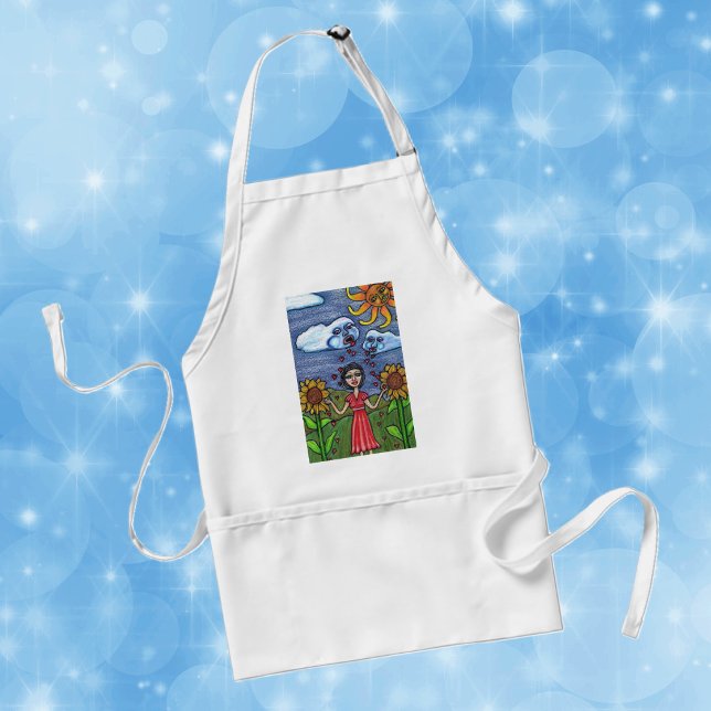 Tablier L'amour vous fera grandir (Lady with sunflowers yellow sun with face clouds raining red hearts on kitchen apron.)