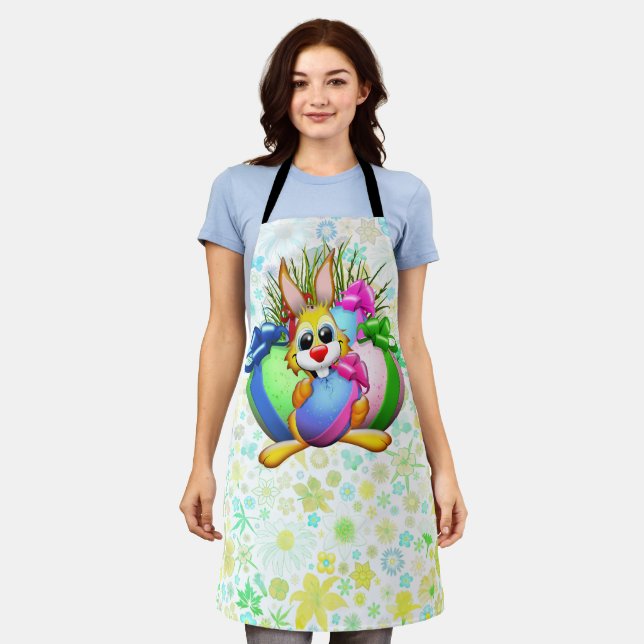 Tablier Lapin drôle mordant un œuf de Pâques (Porté)