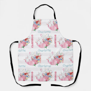Tablier Lapins mignons sur motif de parapluie floral rose 