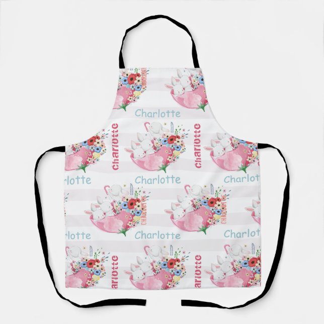 Tablier Lapins mignons sur motif de parapluie floral rose  (Recto)