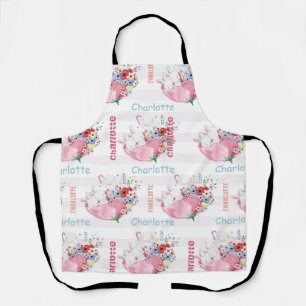 Tablier Lapins mignons sur motif de parapluie floral rose