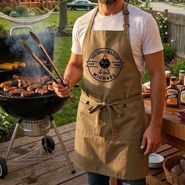 Tablier Le Maître du Grill Année de Création Nom Flamme (grilling aprons dad bbq birthday foodie  for him grillmaster cooking modern chef men fathers day )