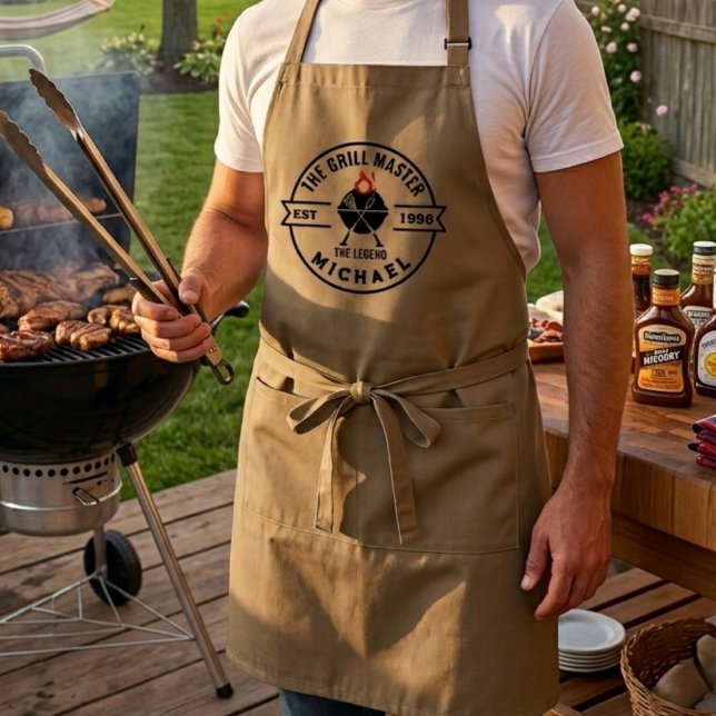 Tablier Le Maître du Grill Année de Création Nom Flamme (grilling aprons dad bbq birthday foodie  for him grillmaster cooking modern chef men fathers day )