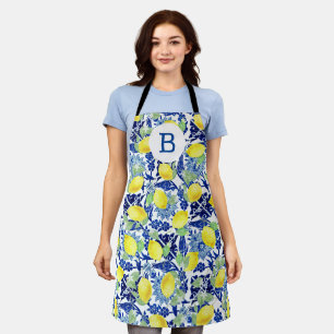 Tablier Lemons et monogramme floral bleu des fermes