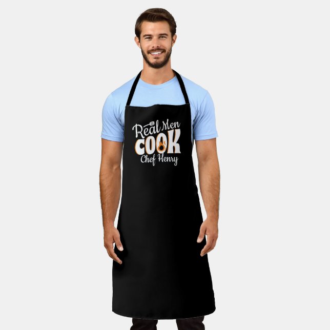 Tablier Les vrais hommes cuisinent Script Noir Blanc Cadea (Porté)