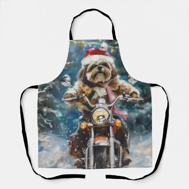 Tablier Lhasa Apso Chien à cheval Moto Noël (Recto)