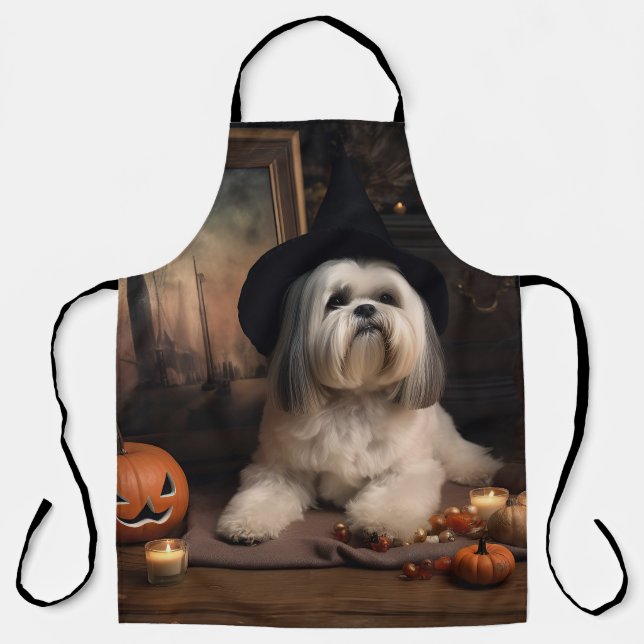 Tablier Lhasa Apso Citrouilles Halloween Épouvantable (Recto)