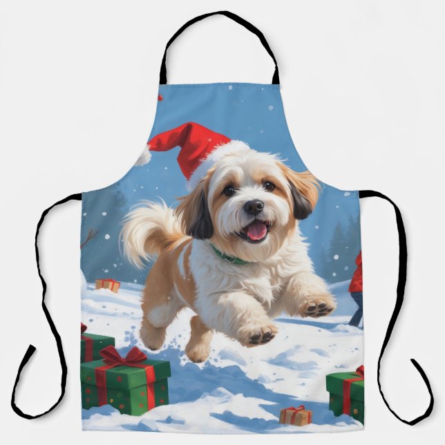 Tablier Lhasa Apso courant dans la neige avec un chapeau d (Recto)