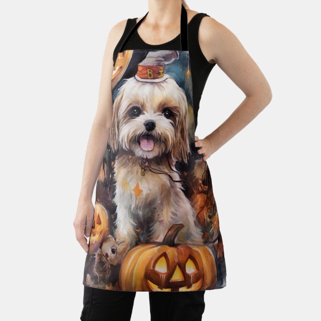 Tablier Lhasa Apso Halloween avec citrouilles effrayantes  (Insitu)