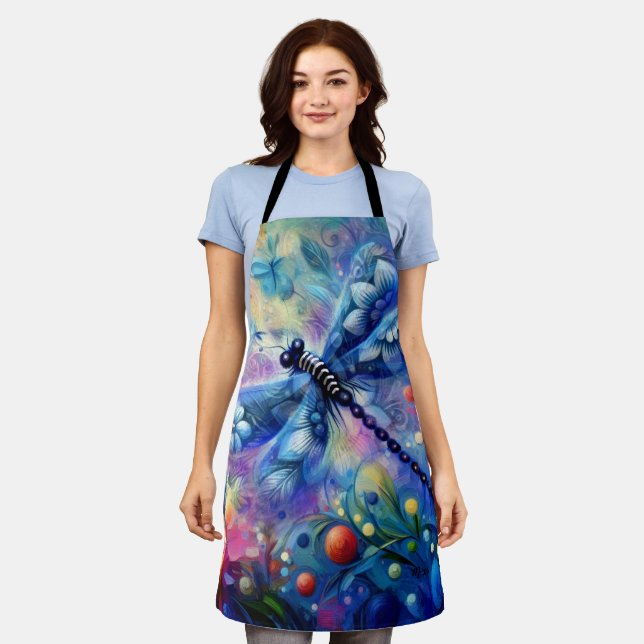 Tablier Libellule Florale Abstraite Fantaisiste Bleu Sarce (Porté)