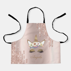 Tablier Licorne Adorable Fleurs Rose Doré Paillettes Goutt